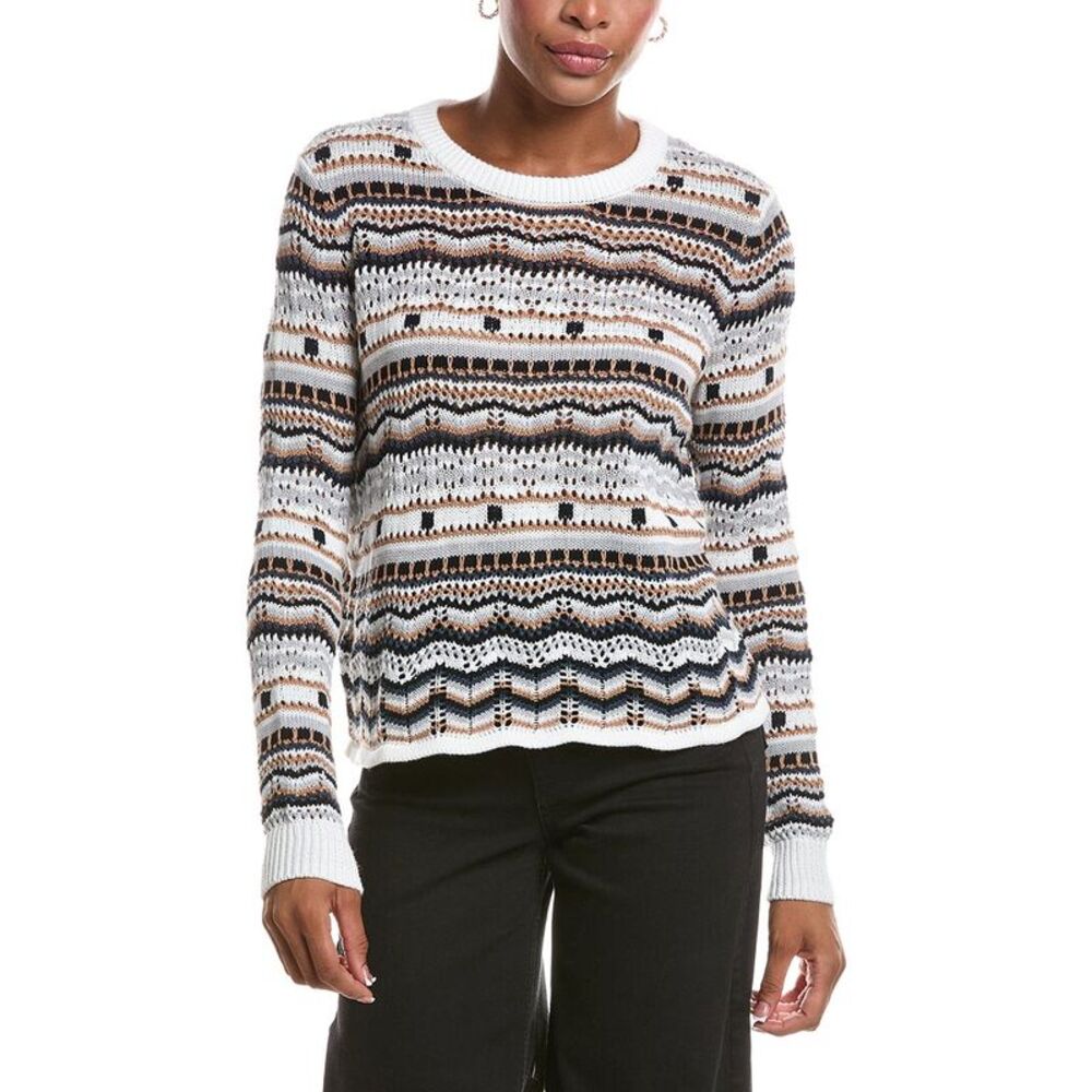 Autumn Cashmere Womens  Pointelle Multi Stripe Boxy Crewneck Sweater, Blue